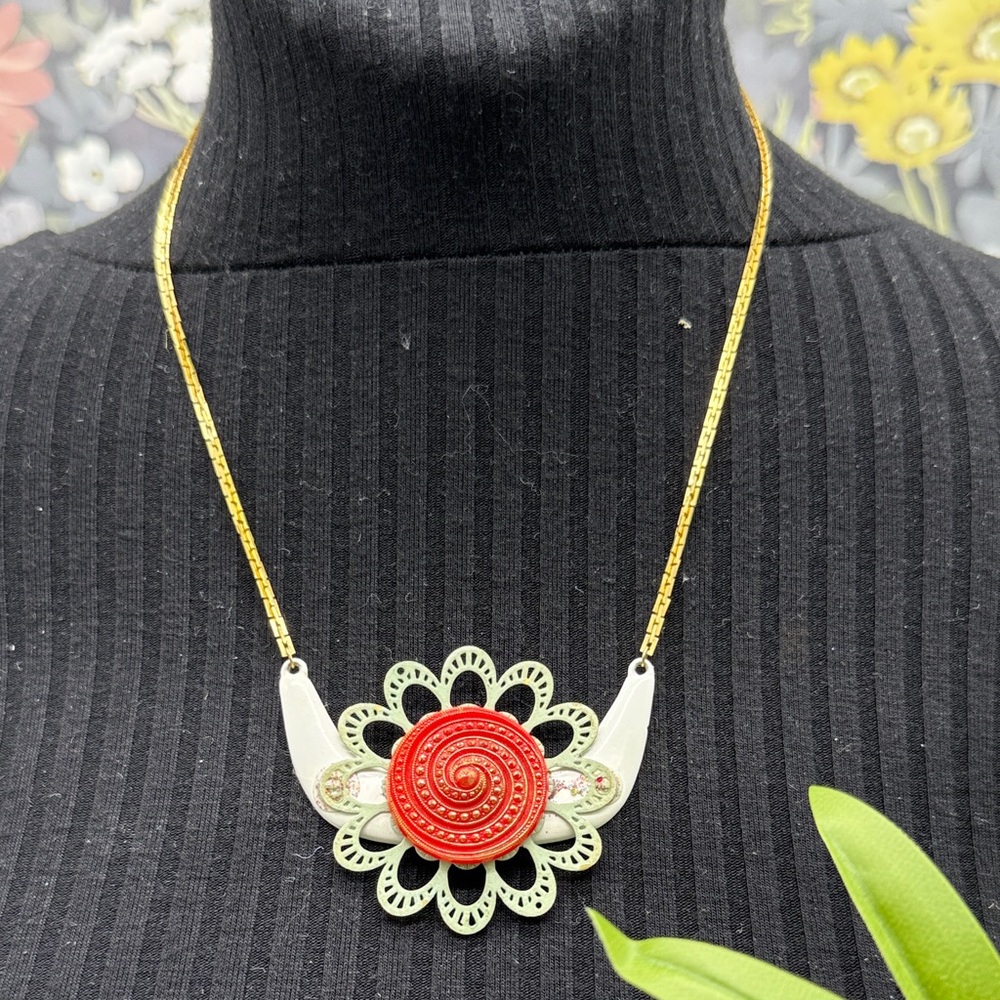 👑Adorned Crown Jewelry assemblage flower enamel red glass button necklace